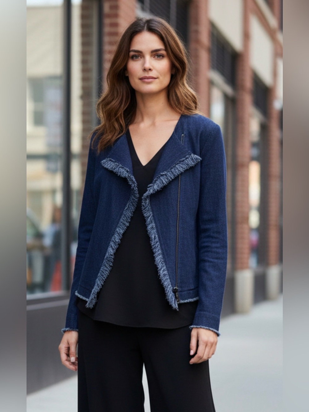 Anthropologie AG Adriano Goldschmied Collarless Fringe Trim Denim Jacket